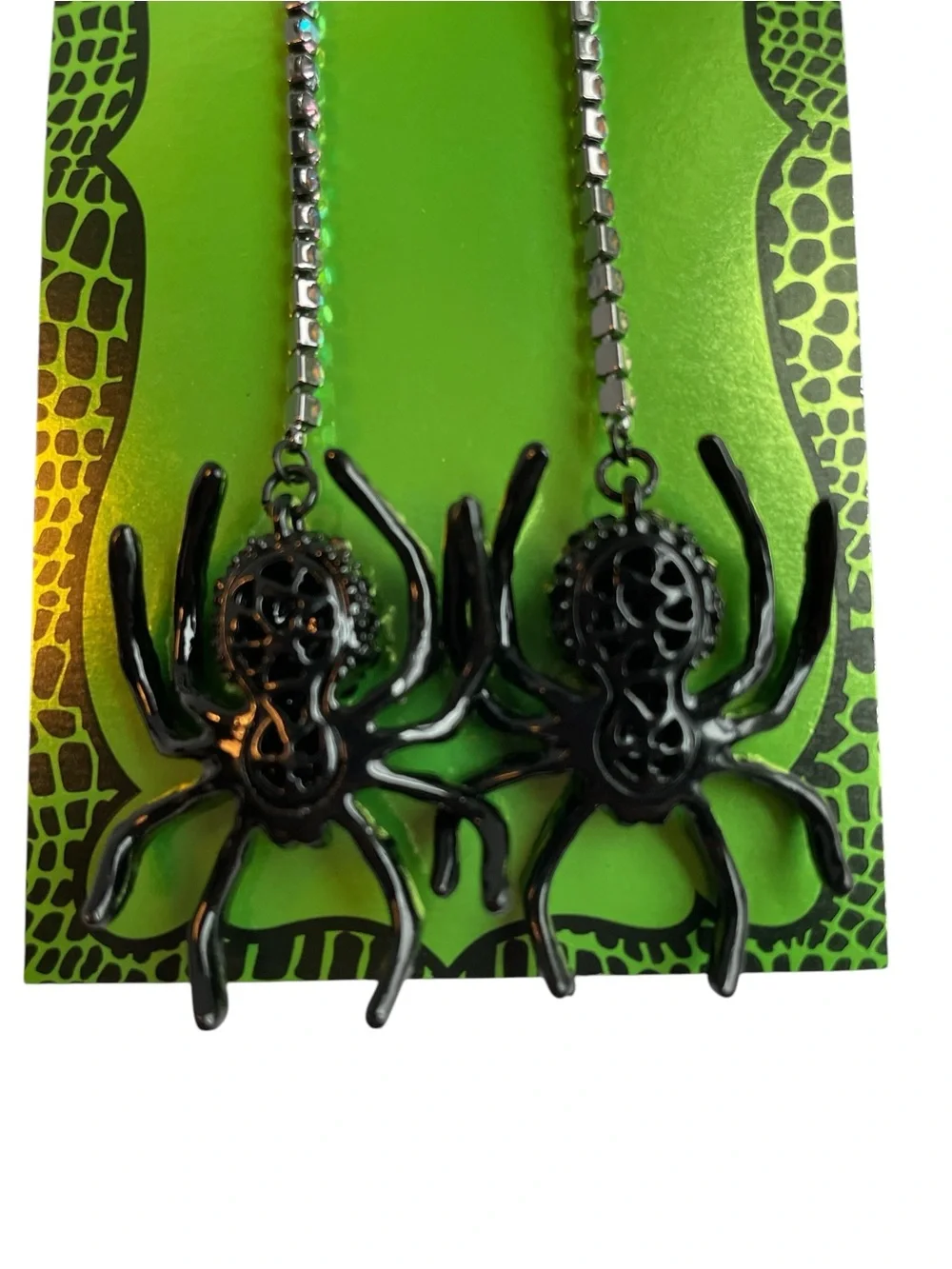 Betsey Johnson Black Spider Web Drop Earrings with Iridescent Stones